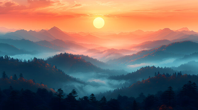 Misty mountains in the morning. Fog. Landing page, background, banner. Sunset in mountain, Urals, Alps, Andes, foggy wallpaper. Colorful, abstract