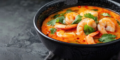 Tom Yum Goong Soup with Fresh Shrimp. Thai Tom Yum soup garnished with cilantro in a bowl.