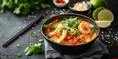 Fototapeta premium Tom Yum Goong Soup with Fresh Shrimp. Thai Tom Yum soup garnished with cilantro in a bowl.