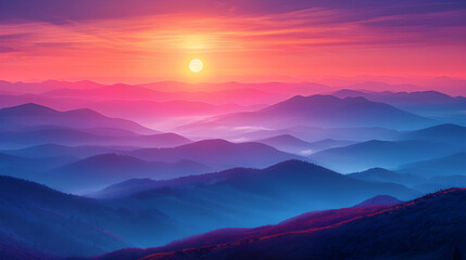 Fototapeta premium Misty mountains in the morning. Fog. Landing page, background, banner. Sunset in mountain, Urals, Alps, Andes, foggy wallpaper. Colorful, abstract