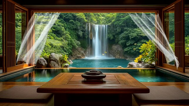 Beautiful waterfalls in rain forest viewing from windows. Seamless looping timelapse 4k video animation background