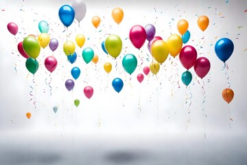 Colorful birthday balloons arranged in a festive bunch on a clean white background, perfect for celebrations and copy space.