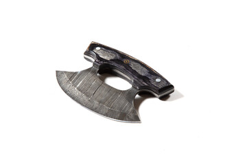Knife made of Damascus steel with a wooden handle on a white background