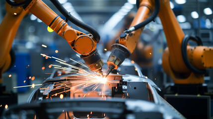 Close-up of robotic arms equipped with precision tools, welding car body parts together on the assembly line.