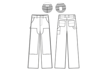 Double Knee Carpenter Pants Straight Leg Flat Technical Drawing Illustration Classic Blank Workwear Streetwear Mock-up Template for Design and Tech Packs CAD loose fit baggy