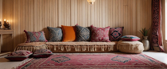 stack of pillow cushions and carpets in classical traditional Arabian textile style or Moroccan African vintage embroidery art in cozy furniture lifestyle with lanterns and wooden walls