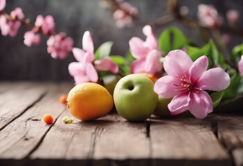 Obraz na płótnie Canvas Spring background fruit flowers on wooden table Lemon apple and pink flowers