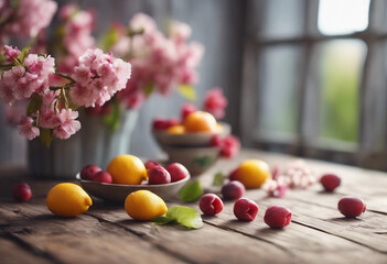 Spring background fruit flowers on wooden table next to the window