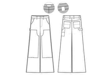 Double Knee Carpenter Pants Straight Leg Flat Technical Drawing Illustration Classic Blank Workwear Streetwear Mock-up Template for Design and Tech Packs CAD loose fit baggy