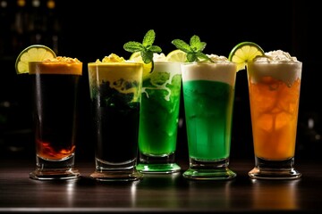 Up-close shot of vibrant St. Patrick's Day beverages against a dark backdrop. Generative AI