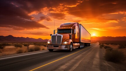 Massive semi-truck transporting goods across vast, deserted highways of the southwest united states