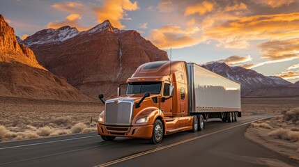 Semi-truck journeying through exquisite american southwest scenery on a tranquil and isolated road - obrazy, fototapety, plakaty