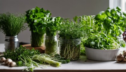 A table full of fresh herbs and vegetables