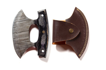 Knife made of Damascus steel with a wooden handle on a white background