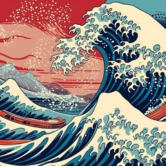 The Great Wave off Kanagawa with Classic Japanese Ukiyo-e Art Style