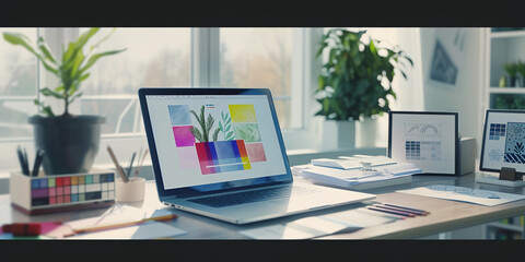 open laptop displaying a branding design in a digital art software, surrounded by design sketches and color swatches on a modern desk setup