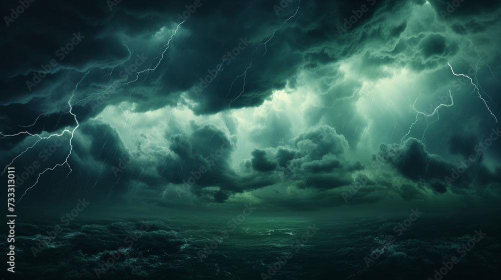 Wall mural Greenish dramatic night sky with storm rain clouds