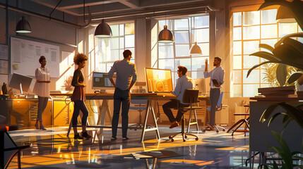 diverse team collaborating in a modern office setting, sunlight streaming through large windows, highlighting an atmosphere of creativity and teamwork