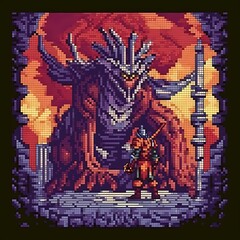 Pixel Art Fantasy Dragon Looming Over Armed Warrior