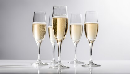Five champagne glasses on a table