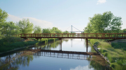 Obraz premium newly constructed bridge over a serene river, with reflections on the water, the final construction crane moving away, and a clear sky, symbolizing engineering excellence