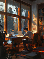 writer in a cozy home office, leaning back with a satisfied smile, a completed manuscript in front, and a peaceful view out the window, capturing the moment of finishing a novel