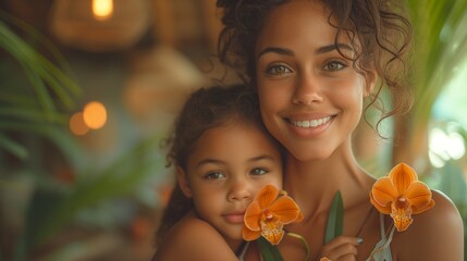 Radiant Mother and Daughter Celebrating Mothers Day With Orange Orchids Indoors