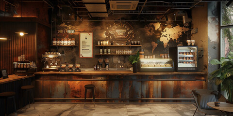 coffee shop interior with unique and rustic branding elements, including wall murals, menu boards, and branded coffee cups, with warm, ambient lighting