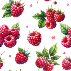 Seamless pattern of watercolor raspberry with green leaves on white background vector illustration. - obrazy, fototapety, plakaty