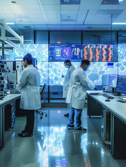 collaboration in a science lab, with researchers in lab coats intensely discussing findings, surrounded by advanced lab equipment and digital screens showing data