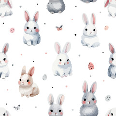 Seamless pattern with cute white rabbits. Hand Drawn vector illustration.