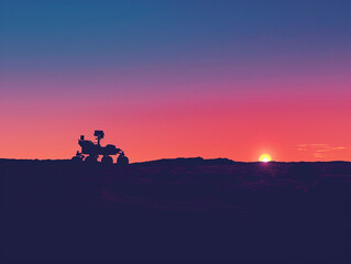 Obraz na płótnie Canvas Curiosity rover capturing a Martian sunset, with the rover's silhouette sharply defined against the vibrant colors of the sky, highlighting the peaceful yet desolate Martian atmosphere