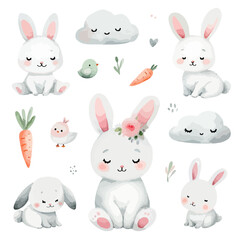 Obraz na płótnie Canvas Set of watercolor cute white rabbits. Hand Drawn vector illustration.