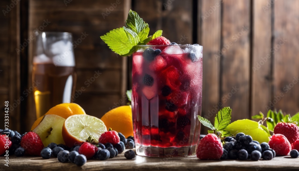 Canvas Prints A glass of raspberry lemonade with fruit on the table