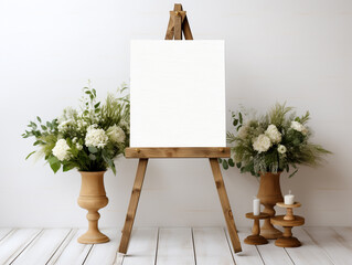 Cavas with a white surface and have an empty space placed on a wooden easel stand. Decoration with the style and theme of the celebration and party decorated around it.