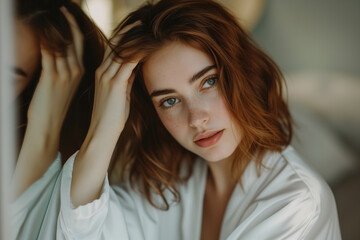 Fototapeta premium A young woman in a moment of reflection, looking into a mirror with a gentle, contemplative expression.