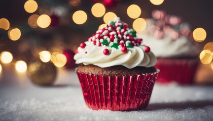 A red cupcake with white frosting and sprinkles