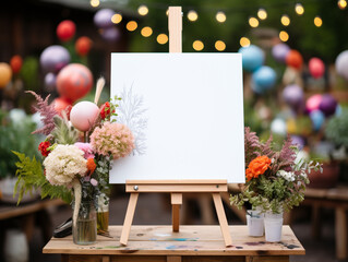 Cavas with a white surface and have an empty space placed on a wooden easel stand. Decoration with the style and theme of the celebration and party decorated around it.