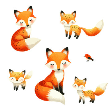 Set of watercolor cute fox. Hand Drawn vector illustration.