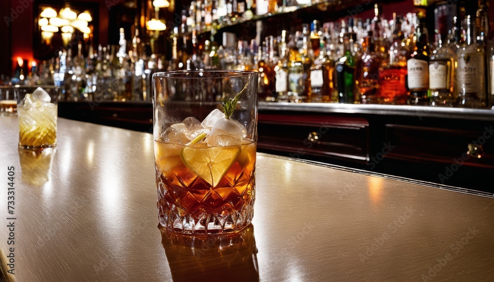 Wall mural A glass of iced tea with lemon on a bar counter