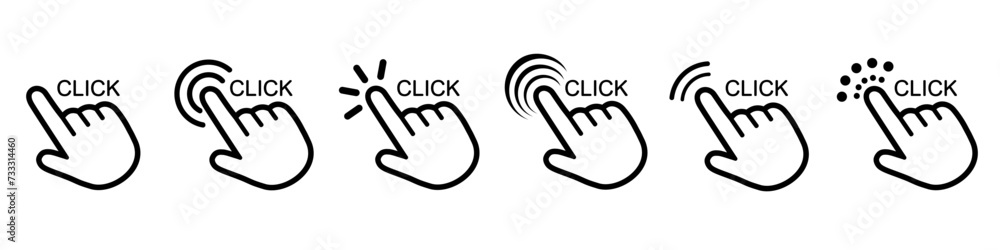 Poster hand click icon set, cursor set icons, click or press cursor set, pointer, click here, hand clicking