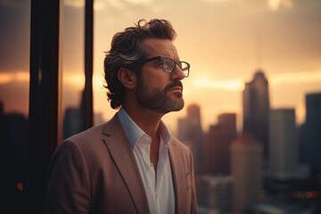 Fototapeta premium Successful caucasian businessman pondering new investment opportunities in modern cityscape