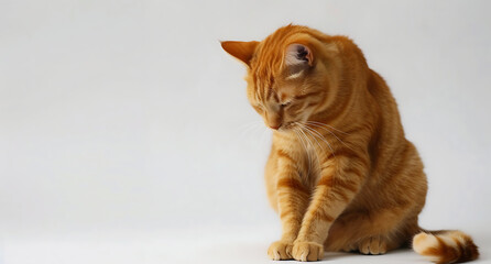 an orange tabby cat sitting down on a white backgroun