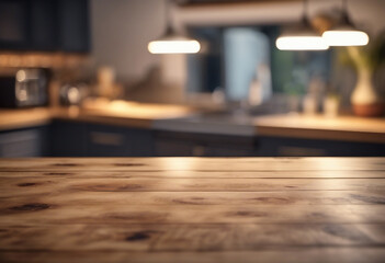 Wood table top on blur kitchen counter background with lights