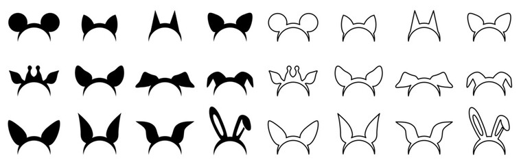 Animal ears mask set, beasts head masks, wild and domestic animals head for party masquerade, mouse, cat, dog, wolf, hare, koala, raccoon, deer, bull, rhinoceros, lion and more - vector - obrazy, fototapety, plakaty