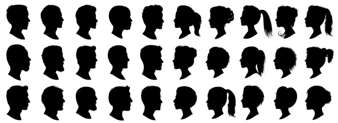 Head profile silhouette set, Male and female face silhouette, group people, profile silhouette faces boys and girls set, man and woman