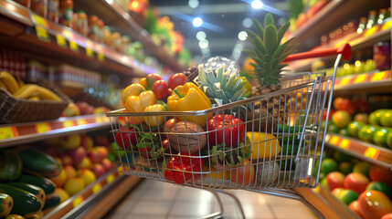 full of fresh healthy foods in the shopping cart on shelves in grocery store background - AI Generated - obrazy, fototapety, plakaty