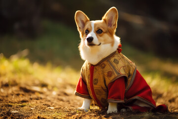 Adorable corgi pup, clad in a stylish coat, stands proud in the golden light