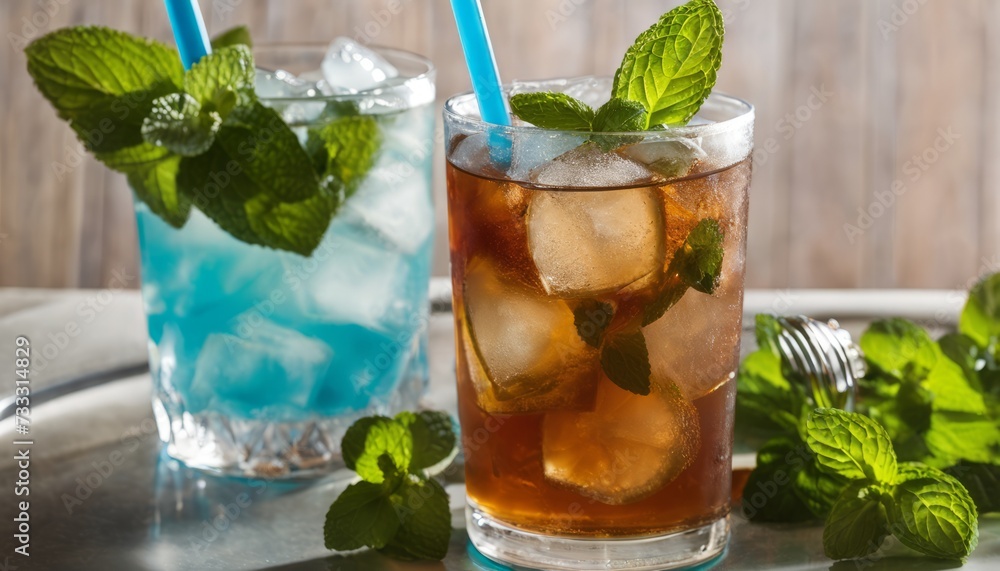 Poster Two glasses of iced tea with mint leaves