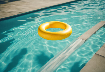 Fototapeta na wymiar Yellow swimming pool ring float in blue water concept color summer Vacation in resort 